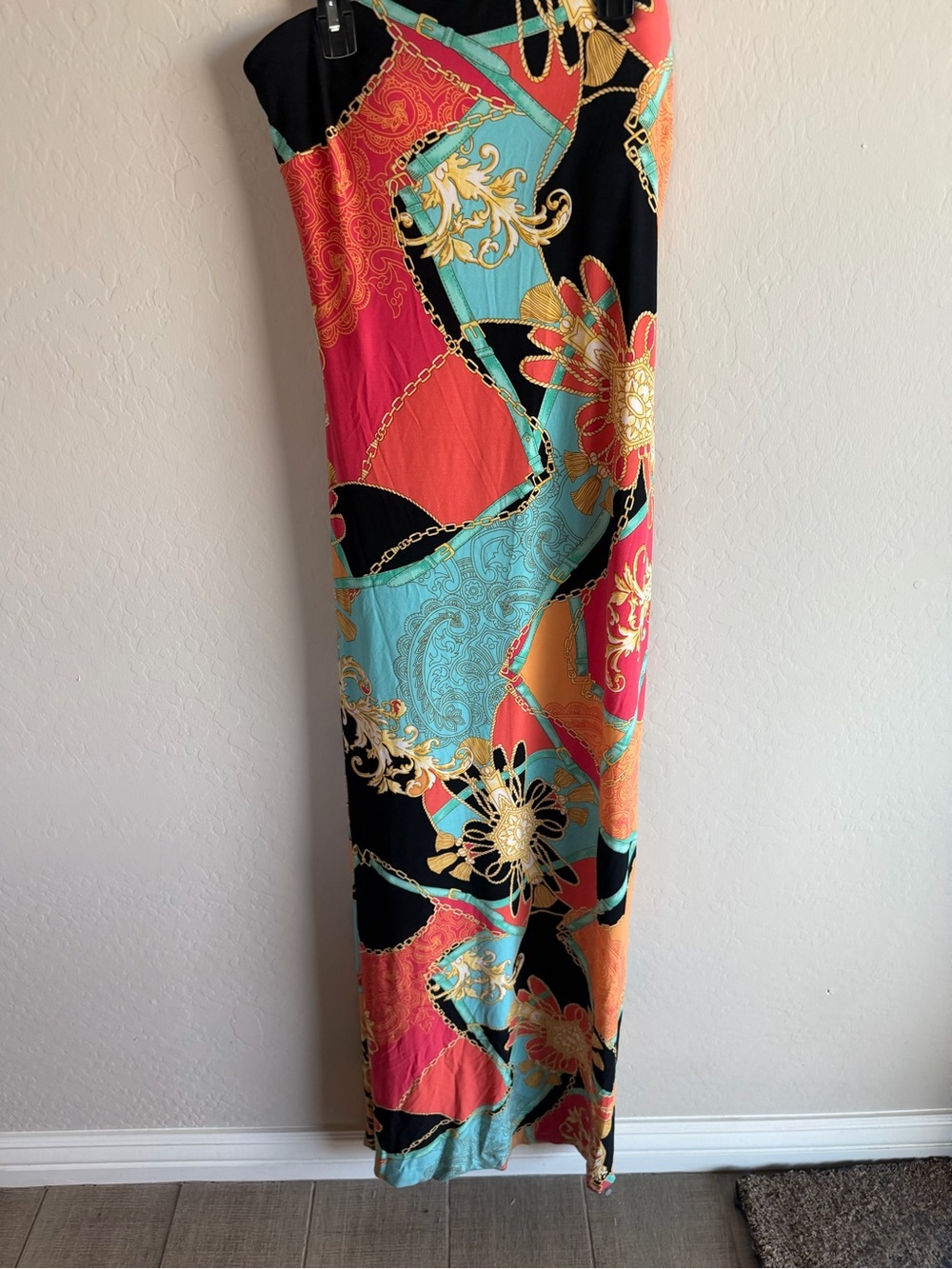 Vintage Cache Women’s Maxi Dress Chain Tassel Vibrant Print L 90s Y2K Stretch - Picture 2 of 3
